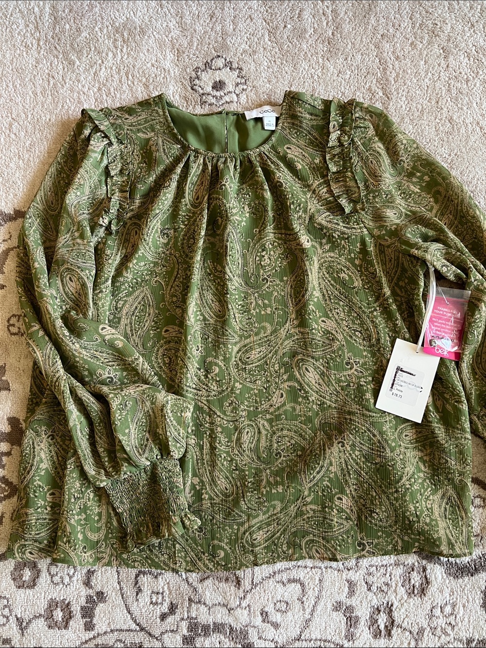 Olive Green Paisley Ruffle-Shoulder Blouse